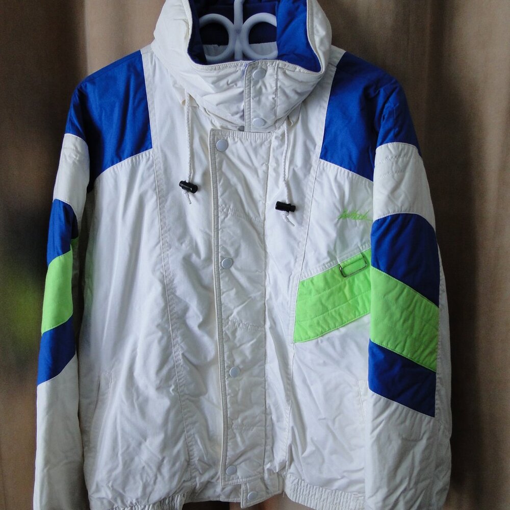 Winter ski jacket in white blue and green neon
